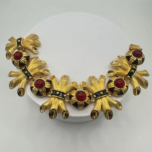 Fendi 1980s 18kt gold plated red glass cabochons black enamel runway bracelet - Picture 1 of 12