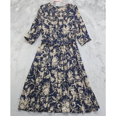 Vintage 80s Pellini by Von Bramlett Dress Size 14 Blue Tan Floral Belted Pleated - Image 1 of 4