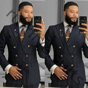 Tuta uomo nera a righe pizzo risvolto doppiopetto matrimonio smoking cappotto pantalone - Foto 1 di 8