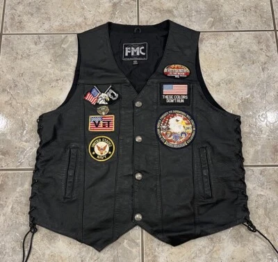 Мужской кожаный байкерский жилет XXL 2XL FMC POW MIA USN вьетнамский ветеринар США нашивки булавки - Изображение 1 из 4