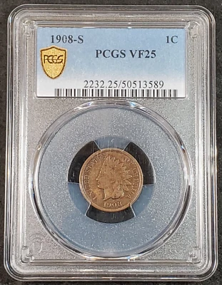 1908-S Indian Head Cent PCGS VF25 2232.25/50513589 Exquisite Coin Rare - Image 1 of 4