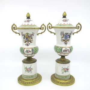 FERDINAND BING Early 20c French Gilt Bronze & Porcelain Pair Lidded Urns Lamps - Picture 1 of 12