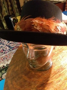 Women's Black Bollman & Co. Doeskin hat Size M brim feathers EUC Made USA - Picture 1 of 6