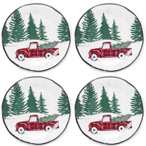 🎄Winter Wonder Lane Buffalo Plaid Retro Truck Appetizer Plates 6.75"🌟Set Of 4 - Picture 1 of 2