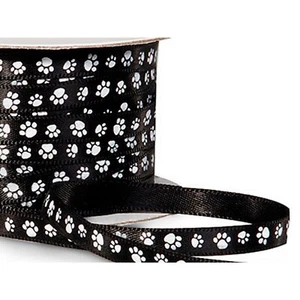 1/4" Wide Single Faced Satin Paw Print Ribbon - Black w/ White Paw Print - 50 Yd - Picture 1 of 1