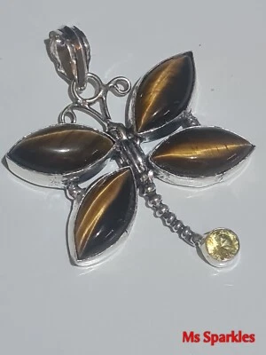 Colgante mariposa con piedras preciosas de plata 925 ojo de tigre y citrino. Grande. Hermoso 3546 Foto 1 de 4