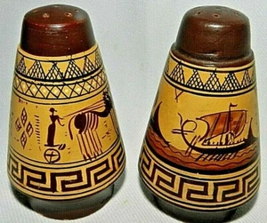 ANTIQUE  HAND  MADE CLAY  SHAKER'S  SALT AND PAPER  WITH  GREEK  PICTURE - Picture 1 of 8