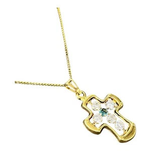 18ct 18K Yellow Gold Blue Topaz + Cubic Crucifix Cross Pendant 1.28 Grams. New - Picture 1 of 8