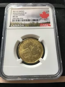 2016 NGC Graded Canadian, Rio Olympics Lucky Loonie Dollar,** MS-66** Box#1 - Picture 1 of 6