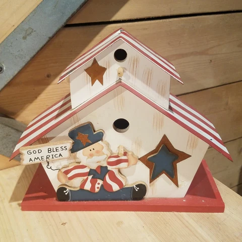 God Bless America Tin Metal & Wood Bird House Red White Blue Flag - Swanky Barn Cover