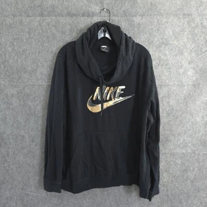 Nike Hoodie Womens 2X Gold Print Logo Funnel Neck Black Mid Weight Swoosh Spell - Picture 1 of 18