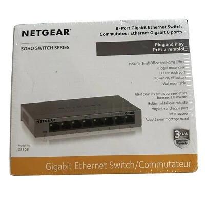 NETGEAR 8-port 10/100/1000mbps Gigabit Ethernet Switch GS308-100PAS New Sealed - Image 1 of 4