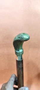 Vintage Brass Cobra Head Handle w/ Wooden Brown Walking Stick Antique Cane - Picture 1 of 7