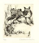 Fox, Animals Original Limited Ed Ex libris Etching by Anita Christiaens, Belgium