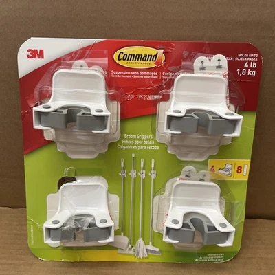 3M Command Adhesive Wall Mounted White Gray Broom Mop Grippers 4 Pack - Image 1 of 4