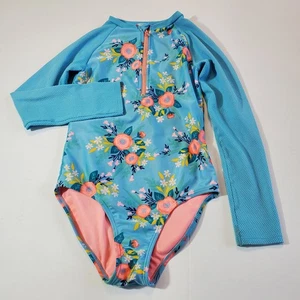 Cat & Jack Rashguard Langarm Badeanzug Mädchen Größe M 7/8 türkis geblümt - Bild 1 von 10