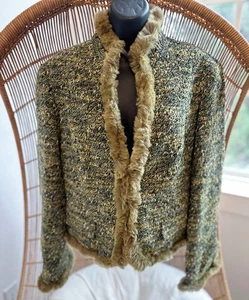 Lafayette 148 Women’s green black tweed rabbit fur trim blazer wool blend Sz 12 - Picture 1 of 16