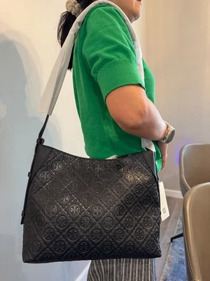 Tory Burch T MONOGRAM PEBBLE MESSENGER BAG, Black, NWT - Image 1 of 4