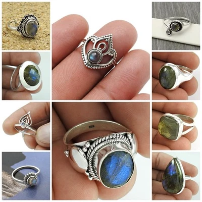 Naturale Pietra Labradorite 925 Argento Handmade Anelli Misura 8 Regalo di - Immagine 1 di 4