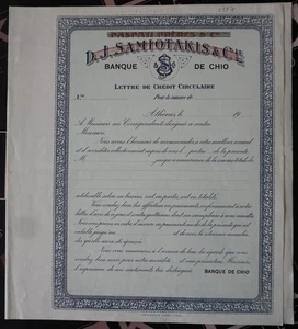 Carta de Crédito GRECIA 1897 Banque de Chio Vintage - D.J. Samiotakis & Cie Docu - Imagen 1 de 3