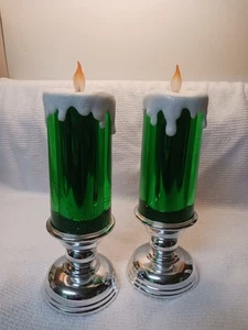 2 Valerie Parr Hill QVC Illuminated Green Pedestal Glitter Candles Christmas - Picture 1 of 3