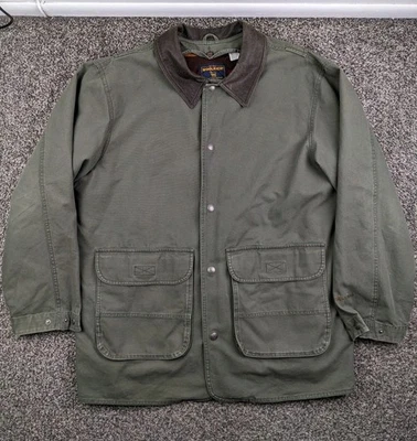 VTG Woolrich Jacket Loden Canvas Chore Barn Wool Lined Leather Collar Mens Large - Image 1 of 4