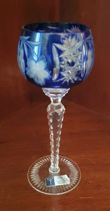 CRISTAL TRANSPARENTE CORTADO A MANO SOPLADO AZUL COBALTO CORTE A CLARO COPA DE VINO - NUEVO - Imagen 1 de 6
