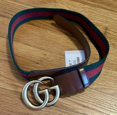 NWT Gucci Women's Marmont Belt BrownLeather with Signature Green/Red Web Canvas - Image 1 of 4