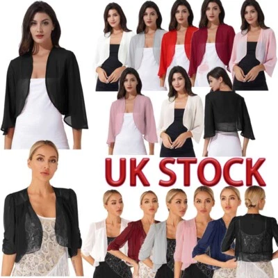 Women Chiffon Shawls Open Front Cardigan 3/4 Flared Sleeve Bolero Shrug Wraps  - Image 1 of 2