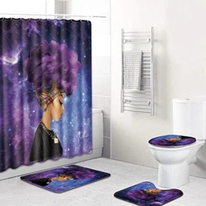 Traditional African Woman Bathroom Shower 4 Piece Set w/ Bath Mat Shower Curtain - Picture 1 of 5