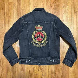 Polo Ralph Lauren Gold Crown Crest ricamato camionista nero giacca denim uomo M - Foto 1 di 8
