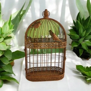 Rusty Brown Patina Metal Wall Mirror Bird Cage Vintage Birdcage Style 56cm - Picture 1 of 7