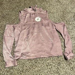 Ethereal Cold Shoulder Mock Neck Shimmer Top Mauve Long Sleeve Large - Picture 1 of 8