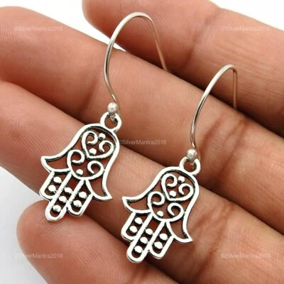 Artisan 925 Solid Sterling Silver Jewellery Drop Dangle Hamsa Earrings X57 - Image 1 of 4