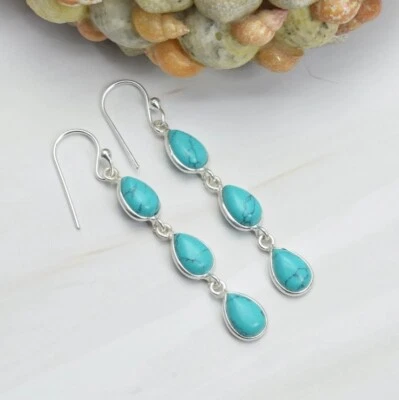 Simulated Turquoise Gemstone 925 Sterling Silver Women Dangle Earring Jewelry - Image 1 of 2