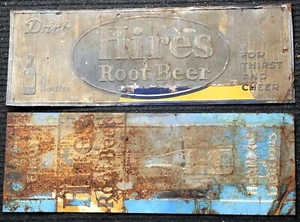 2 Antique Vintage HIRES ROOT BEER Tin Metal Signs Thirst Cheer Healthful Soda - Picture 1 of 19