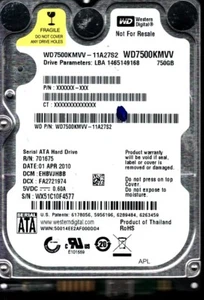 WD7500KMVV-11A27S2 WX51 DCM: EHBVJHBB WESTERN DIGITAL 750GB THAILAND APR 2010 - Afbeelding 1 van 2