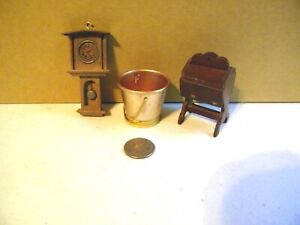 Miniature Wooden Sewing Box, Wall Clock & Metal Bucket Dollhouse