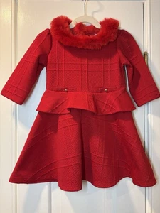 Janie & Jack Holiday Red Fur Collar Dress - Size 3 NWT - Picture 1 of 12