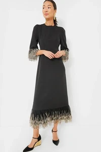 Tuckernuck Pomander Place Gold Embroidered Hem Lillith Dress Black Size S Neu mit Etikett - Bild 1 von 11