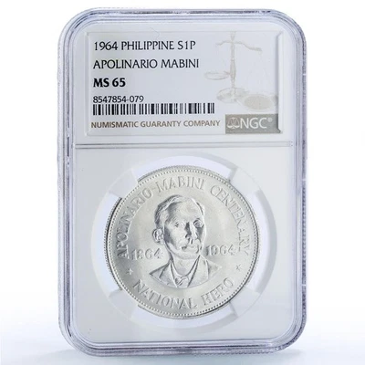 Philippines 1 peso Apolinario Mabini History Politics MS 65 NGC silver coin 1964 - Image 1 of 4