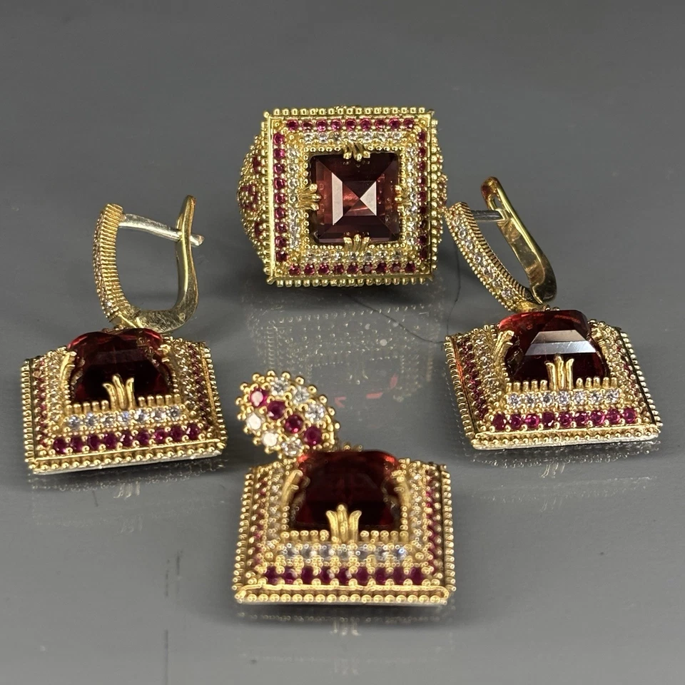 Ruby & Zircon Stone 925 Sterling Silver Earrings Set: Turkish Handmade Jewelry - Image 1 of 3