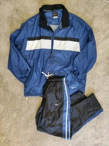 Vintage 90's Nike Blue Windbreaker Track Suit Jacket Black Pants Red Swoosh Lg - Picture 1 of 11