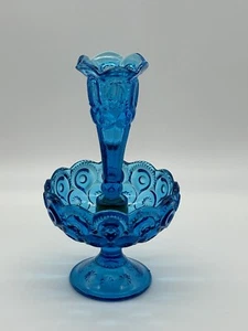Rare Vintage LE Smith Glass Colonial Blue Epergne Single Horn Moon and Stars 8" - Picture 1 of 20