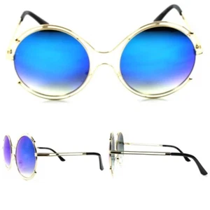Blue Mirrored Lens Womens Upscale Designer Oversized Round Sunglasses Gold Frame - Picture 1 of 4