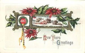 Neujahrsgrüße 1. Januar Dorf im Schnee geprägt Glitzer appliziert 1914 Postkarte - Bild 1 von 2