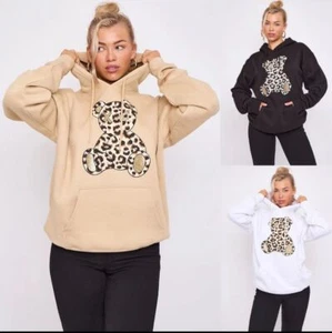 Felpa con cappuccio donna oversize stampa leopardata orsacchiotto maglione ampio - Foto 1 di 7