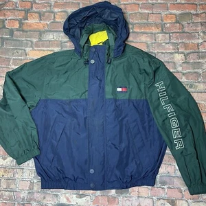 Vintage Tommy Hilfiger Herren Gr. M Spell Out Jacke gelb blau grün Kapuze 90er Y2k - Bild 1 von 7