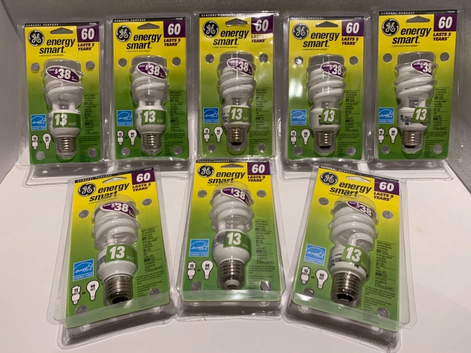 8) NEW GE Energy Smart 60 Watt (Uses Only 13 Watts) Fluorescent Light Bulbs SAVE - Image 1 of 3
