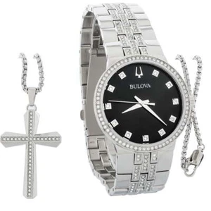 Bulova Mens Crystal Stainless Steel Black Dial Quartz Watch Boxed Set 96K110 - Picture 1 of 4